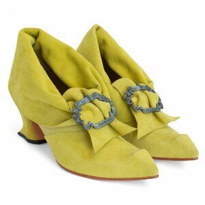 John Fluevog Juliette Lime Green Suede Ruffled Pumps 9.5
